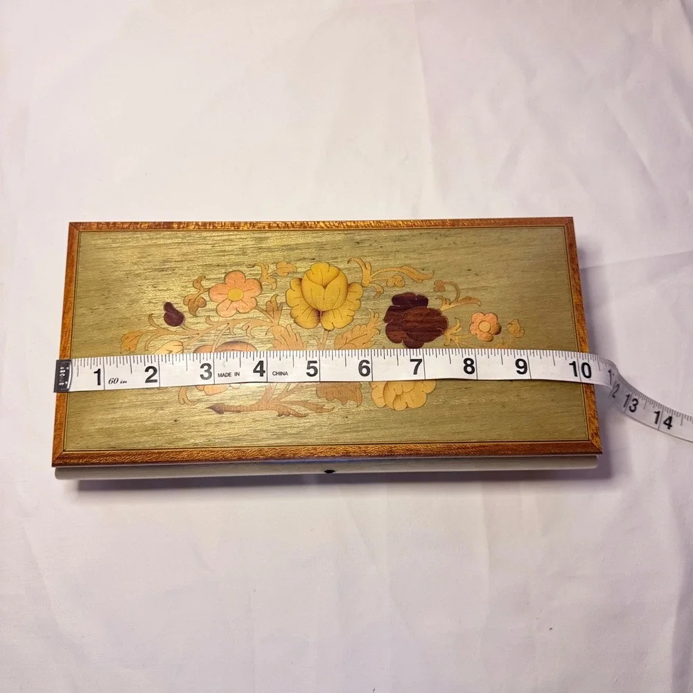 Vintage Italian Inlaid Wood Music Box Jewelry Case Floral CottagecoreMCM